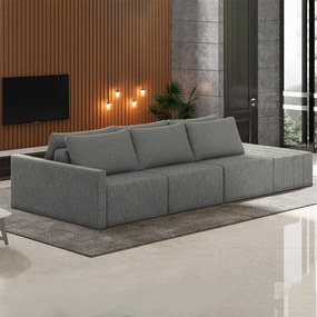Sofá Ilha Modulado Milos 392cm Puff Lateral Linho Cinza Escuro G33 - Gran Belo