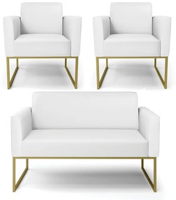 Sofá Namoradeira com 2 Poltronas Base Industrial Dourado Marisa Corino D03 - D'Rossi - Branco