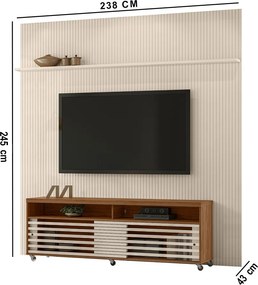 Painel TV 75 Pol 238cm Ripado Kalven com Rack Bancada Nerion M20 - D'Rossi - Naturale(fosco)/Off White(brilho)