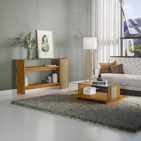 Mesa de Centro e Aparador Ripado para Sala Mirezi M20 - D'Rossi - Cumaru(fosco)/Opala(brilho)