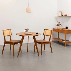 Conjunto Mesa de Jantar Square Laminada Tripé Redonda Natural - 88cm + 2 Cadeiras Lalá Encosto Palha Creme Assento - Cognac