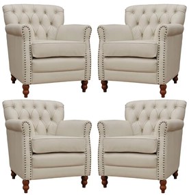 Kit 04 Poltronas Decorativas Sala de Estar Níger Pés Madeira Couro Off White G58 - Gran Belo