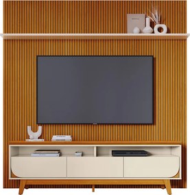 Painel TV 75 Pol 238cm Ripado Kalven e Bancada Elarin M20 - D'Rossi - Cinamomo(fosco)/Off White(brilho)