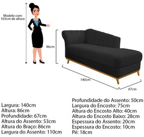 Recamier Vanessa 140cm Lado Direito Corano Preto - ADJ Decor