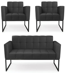 Kit 1 Sofá Namoradeira e 2 Poltronas Elisa Corino Base Metálica Industrial Preto - D'Rossi - Preto