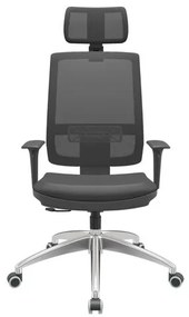 Cadeira Office Brizza Tela Preta Com Encosto Assento Vinil Preto RelaxPlax Base Aluminio 126cm - 63517 Sun House