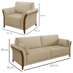 Kit Sofá Living 3 Lugares e Poltrona 102cm Pés Madeira Roya Z32 Linho