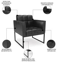 Poltrona Decorativa Base Industrial Preto Ana Sintético PU Preto- Ibiz