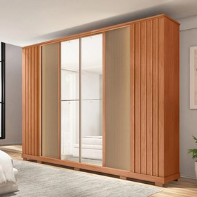 Guarda Roupa Monteiro Ripado 6 Portas e 4 Gavetas com Espelho LED MDF Freijo/Sued G11  - Gran Belo