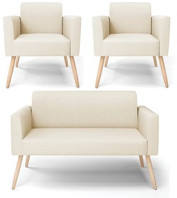 Sofá Namoradeira com 2 Poltronas Pés Palito Natural Marisa Linho D03 - DRossi - A19 Bege