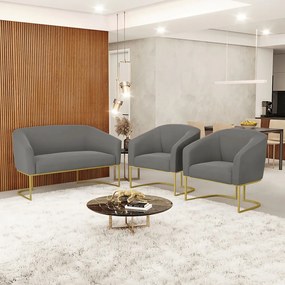 Namoradeira e 2 Poltronas Base Industrial Dourado Stella Suede D03 - D'Rossi - Grafite