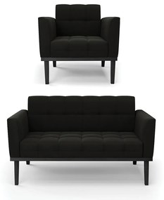 Sofá Namoradeira e Poltrona Base de Madeira Preto Elisa Suede D03 - D'Rossi - Preto
