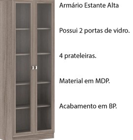 Armário Estante Alto Porta de Vidro ME4115 MDP Carvalho G69 - Gran Belo
