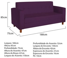 Sofá 2 Lugares Denver Suede Roxo - ADJ Decor