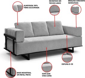 Sofá Cama 2 Lugares Living 200cm Base Industrial Sala Cherie Linho K01 - D'Rossi - Cinza