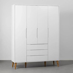 Guarda-Roupa Elfe 4 Portas e 3 Gavetas com Pés Retrô Mel – Branco Fosco
