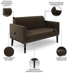 Sofá Namoradeira e 1 Poltrona Base Madeira Preto Maressa Suede Marrom