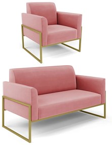 Sofá Namoradeira com Poltrona Base Industrial Alta Dourado Marisa Suede D03 - D'Rossi - Rose