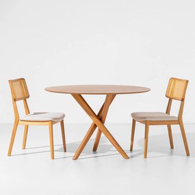 Conjunto Mesa de Jantar Thai Redonda Carvalho Americano - 1,20m + 2 Cadeiras Lalá Encosto Palha Natural Plot - Cru