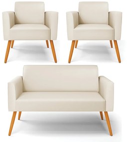 Sofá Namoradeira com 2 Poltronas Pés Palito Castanho Marisa Corino   - Bege