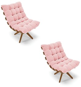 Poltrona Giratoria Costela Kit 2 Suede Rosa Bebê Base de Madeira MA30 M11 - D'Rossi