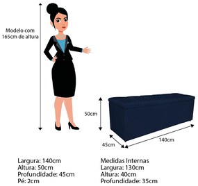Calçadeira Estofada Manchester 140 cm Casal Suede Azul Marinho - ADJ Decor