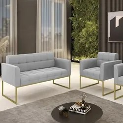 Sofá Namoradeira e 1 Poltrona Base Industrial Dourado Ana Suede Cinza