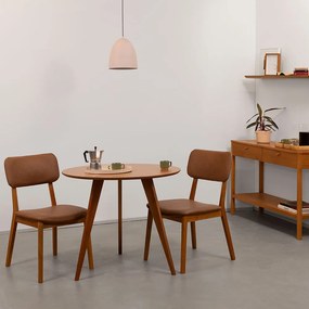 Conjunto Mesa de Jantar Square Tripé Redonda 88cm Louro Freijó + 2 Cadeiras Lalá Estofada PU Cognac