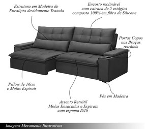 Sofá Retrátil e Reclinável 3 Lugares 210cm Robem Porta Copos no Braço Veludo Grafite G22 - Gran Belo