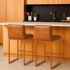 Banqueta Cozinha Alta com Encosto Industrial Kit 2 Bronze Lirina PU Whisky C05 - D'Rossi