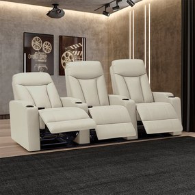 Poltrona Sala de Cinema 3 Lugares Elétrica Reclinável Califórnia Aquecimento Massagem Entrada USB/USB-C PU Bege G94 - Gran Belo