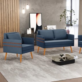 Kit 01 Namoradeira 02 Lugares e 01 Poltrona Mari Suede Pés Palito Castanho - D'Rossi - Azul Marinho