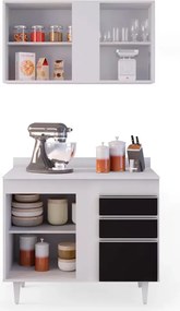 Kit Armário Aéreo e Balcão de Cozinha Lavanderia Aurora com Tampo Branco e Preto 100 cm L06 - D'Rossi