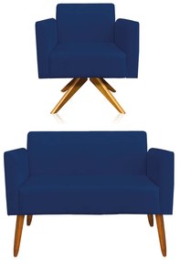 KIT 01 NAMORADEIRA E 01 POLTRONA MARISA SUEDE BASE GIRATORIA MADEIRA MA30 DROSSI - Azul Marinho