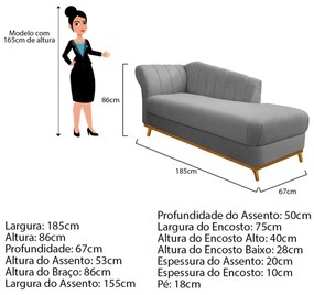 Recamier Vanessa 185cm Lado Direito Suede Cinza - ADJ Decor