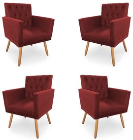Kit 4 Poltronas Decorativas Clara Capitonê Pés Palito Suede Vermelho - Sheep Estofados