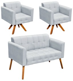 Kit 01 Namoradeira e 02 Poltronas Giratória Elisa Suede Base Madeira MM30 D'Rossi - Cinza