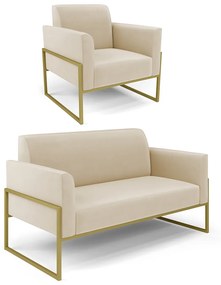 Sofá Namoradeira com Poltrona Base Industrial Alta Dourado Marisa Linho D03 - D'Rossi - A19 Bege