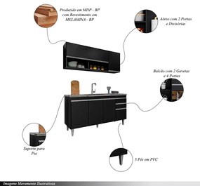 Conjunto Balcão de Cozinha para Pia Aéreo Dodoma MDP/BP Preto G96 - Gran Belo