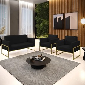 Sofá Namoradeira com 2 Poltronas Base Industrial Alta Dourado Marisa Linho D03 - D'Rossi - A79 Preto