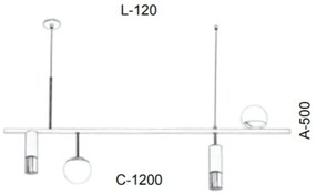 Pendente Retangular Misto 120X12X50Cm Tubo Metal E Globo Ø10Cm 02Xmr11... (PRETO, AMBAR)