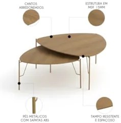 Mesa de Centro Para Sala Pés Metálicos Kit 2 Blen Louro/Dourado I06 -