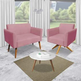 KIT 01 NAMORADEIRA E 01 POLTRONA MARISA SUEDE BASE GIRATORIA MADEIRA MA30 DROSSI - Rose