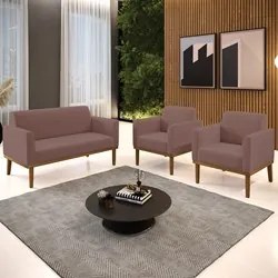 Sofá Namoradeira e 2 Poltronas Base Madeira Castanho Maressa Veludo Ro