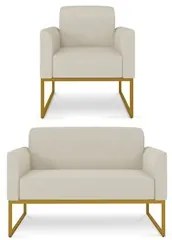 Kit Namoradeira e 1 Poltrona Decorativa Base Industrial Dourada Maress