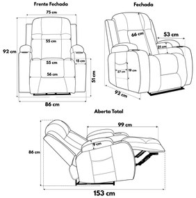 Cadeira Poltrona do Papai Elétrica Reclinável Austin Massagem e Aquecimento com Porta Copos Entrada USB/USB-C PU Preto G94 - Gran Belo