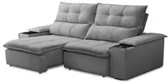 Sofá Retrátil 3 Lugares com Porta Copo 210cm Malta F05 Veludo Cinza -