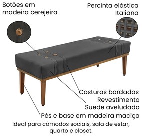 Divã Recamier Banco Base Madeira para Quarto Gênova 90cm Suede S04 - D'Rossi - Cinza