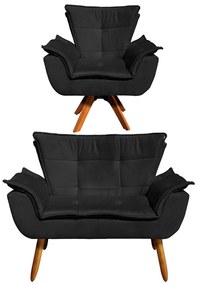 Sofá Namoradeira e Poltrona Giratória MM30 Opala Suede D03 - D'Rossi - Preto