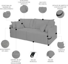 Sofá Cama Retrátil 200cm Essence D05 Linho Grafite/Preto - Mpozenato